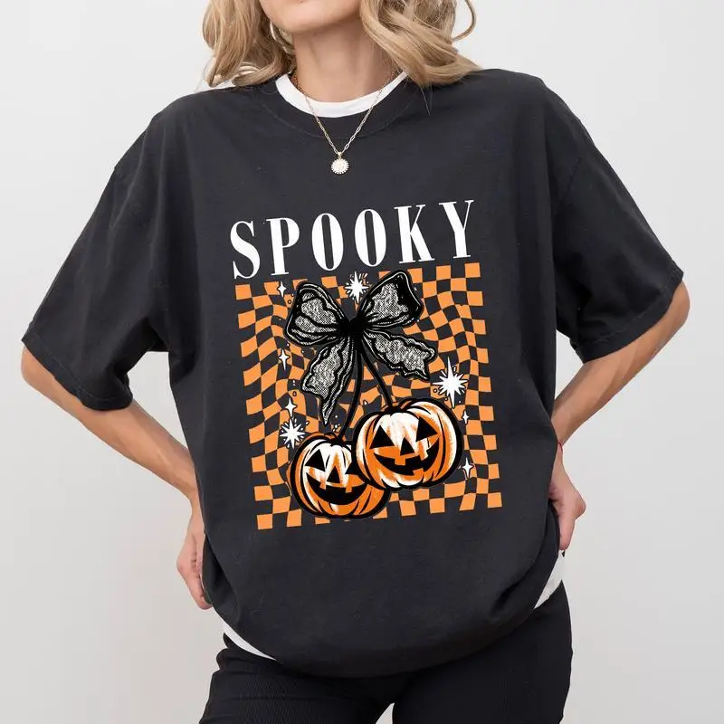 

Spooky Halloween Graphic T-Shirt Women’s Pumpkin Bow Print Vintage Festival Tee Casual Party Streetwear S-2XL