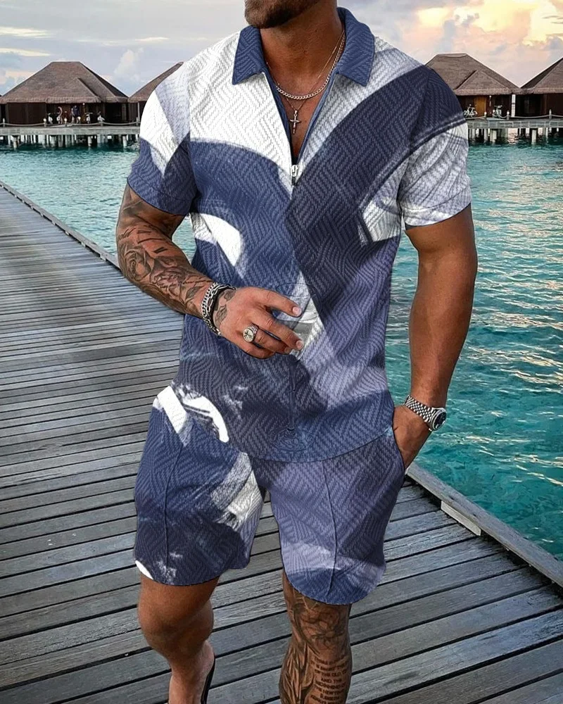 Summer Men Polo Set Short-Sleeved Polo Shirt Shorts Casual Male Clothes Fashion Zipper Polo Shirt Two-Piece Set Men Clothing