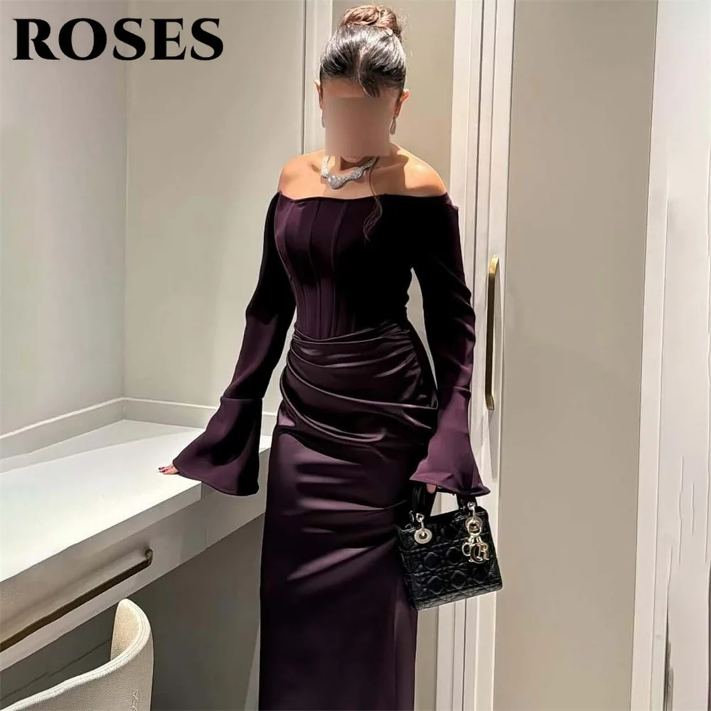 

ROSES Chocolate Mermaid Elegant Wedding Party Dress Pleats Celebrity Dress Off the Shoulder Stain Occasion Dresses Customized