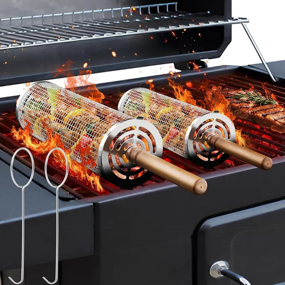 Nesting Barbecue BBQ Grill Baskets with Handles, 304 Stainless Steel, Rolling Grilling Net, 2Pcs BBQ Griller Accessories Tools