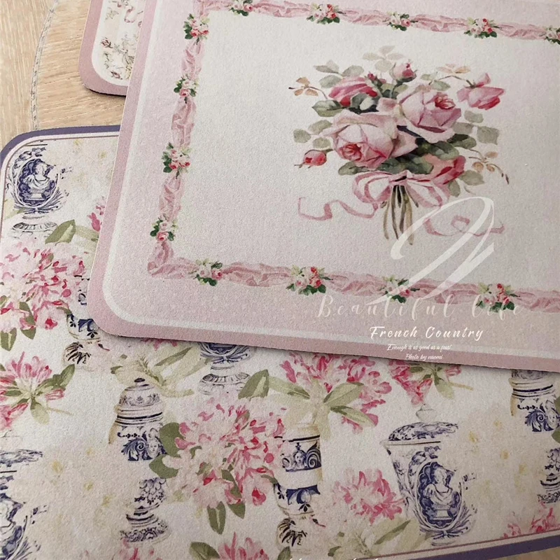 Diatom Mud Placemat French Retro Rose Print Anti-scalding Table Decorative Mat Coaster Kitchen Countertop Storage Tableware Mat