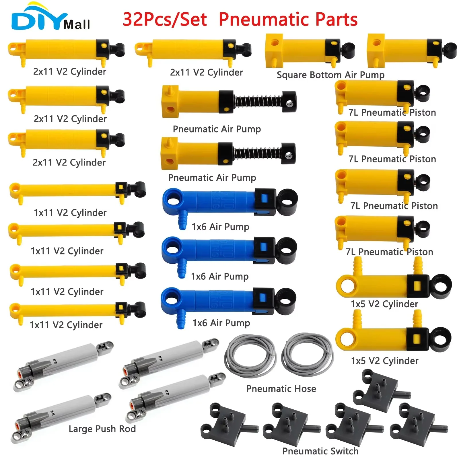 Mould King 32Pcs/Set MOC Pneumatic Parts Hose Air Pump Push Rod Putter Switch Piston Air Tank Pump 47225 47223 19482 19478