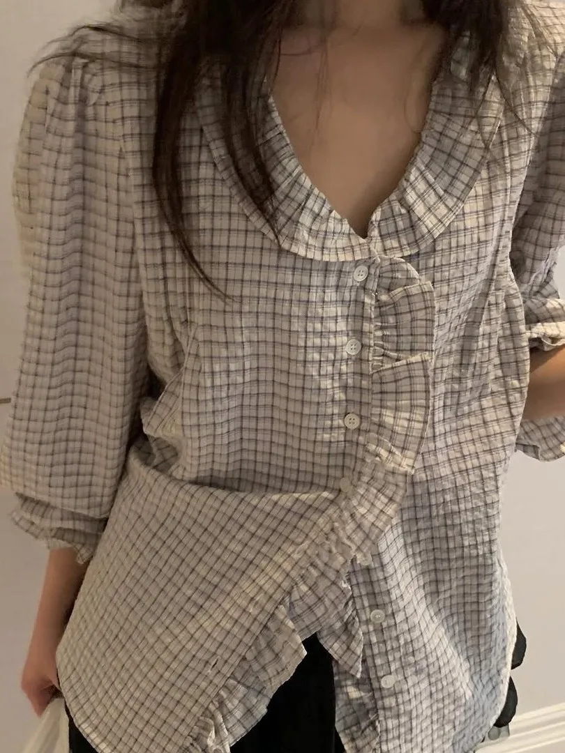 

Женский воротник в клетку с рюшами в стиле ретро, милый дизайн, корейский свободный крой, длинный све, полиэфирное волокно irt G2740