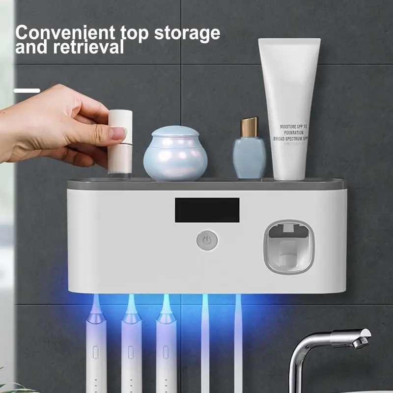 Wall Toothbrush Holder for Bathroom UV Toothbrush Organizer Toothpaste Dispenser USB Rechargeable 5 Slots Bathroom Supplies