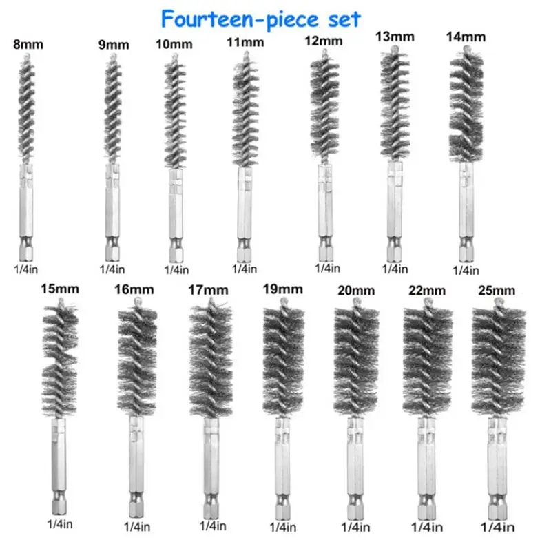 【Clearance Sale】17Pcs Wire Brush Set, Wire Bore Brush for Drill Impact Driver in 14 Sizes with Industrial Wire Brushes