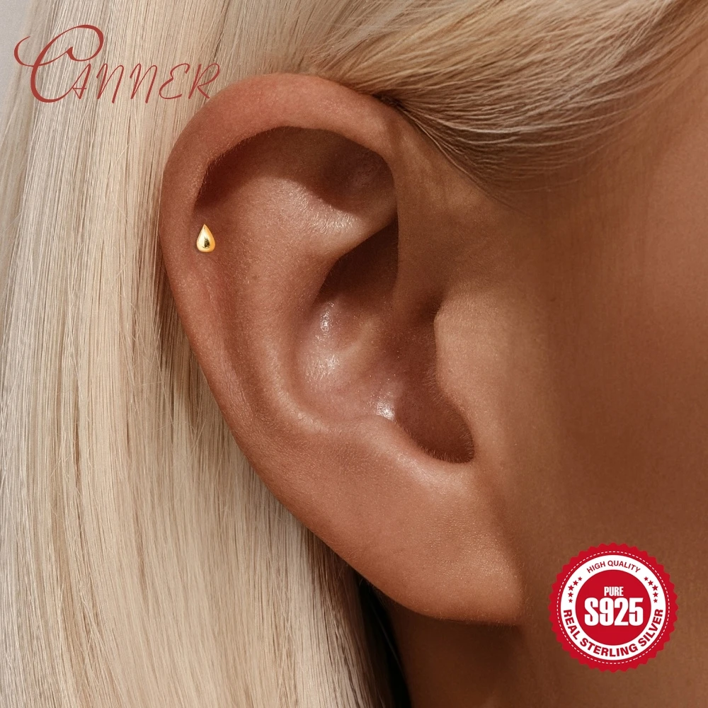 CANNER 925 Sterling Silver Shiny  Golden Water Drop Heart Shaped Flat Back Piercing Earring Elegant Style Delicate Jewelry Gift