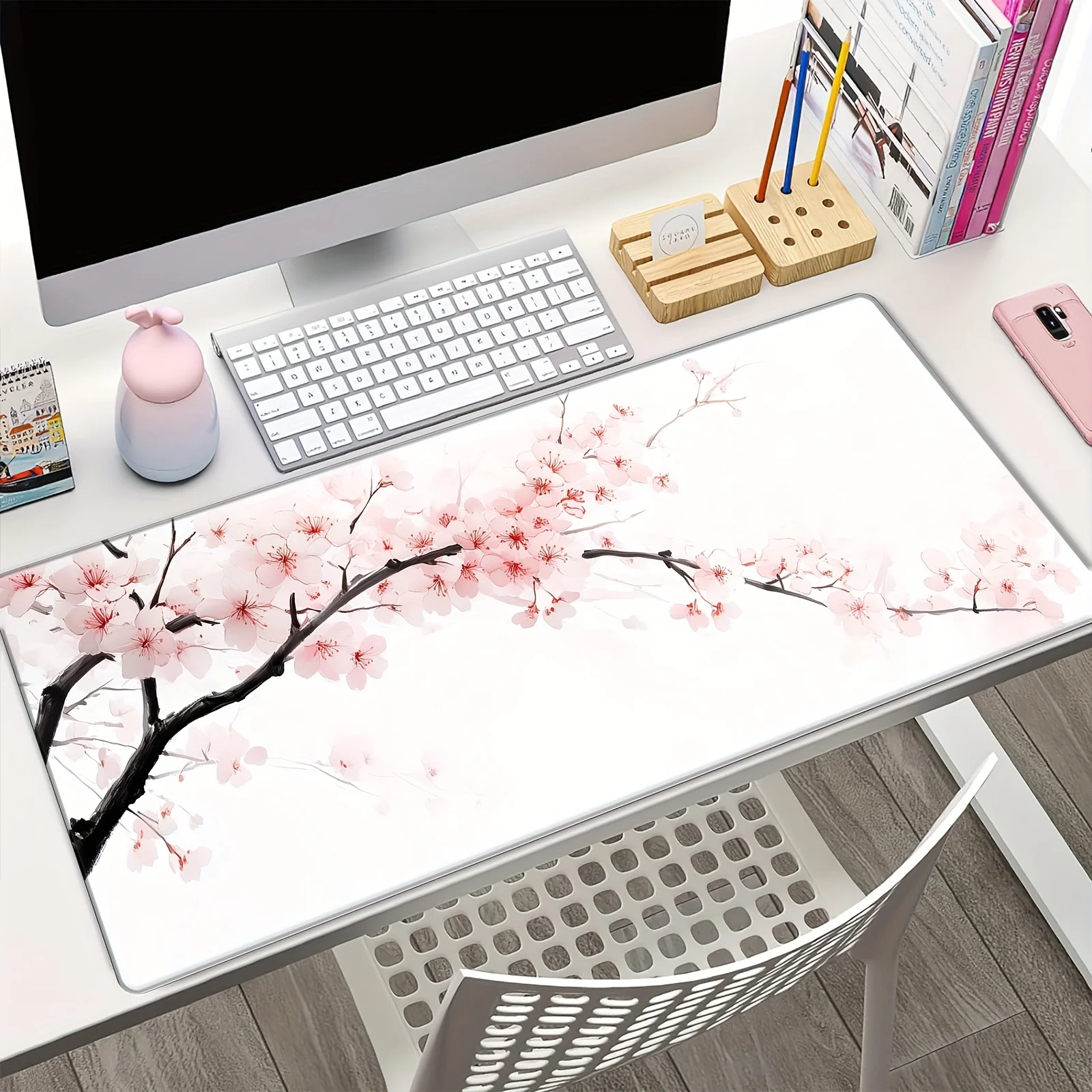 Exquisite Sakura mouse pad, non-slip and wear-resistant rubber base with stitched edges, keyboard mat suitable for office use