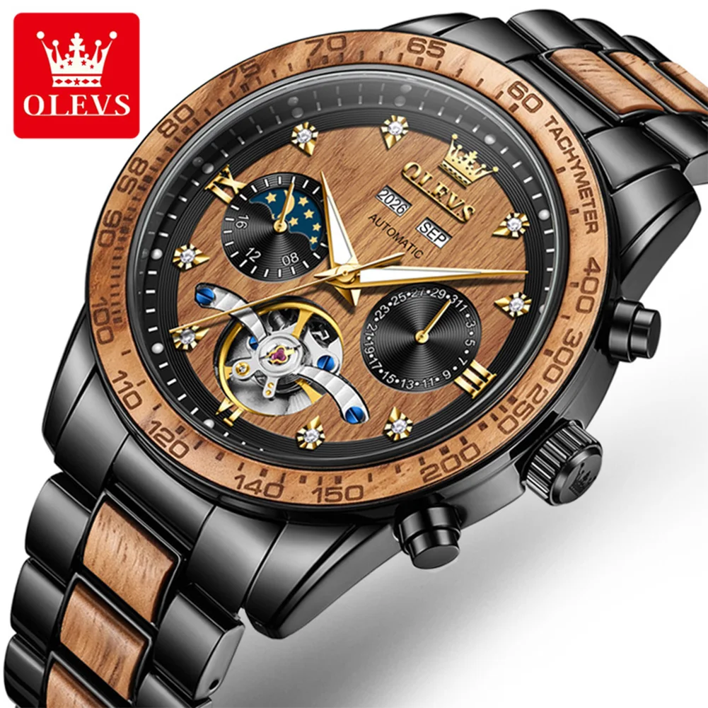 OLEVS Mens Watch Multifunctional Skeleton Mechanical Watch Waterproof Luminous Luxury Mens Clock New Creative Wood Gifts Box