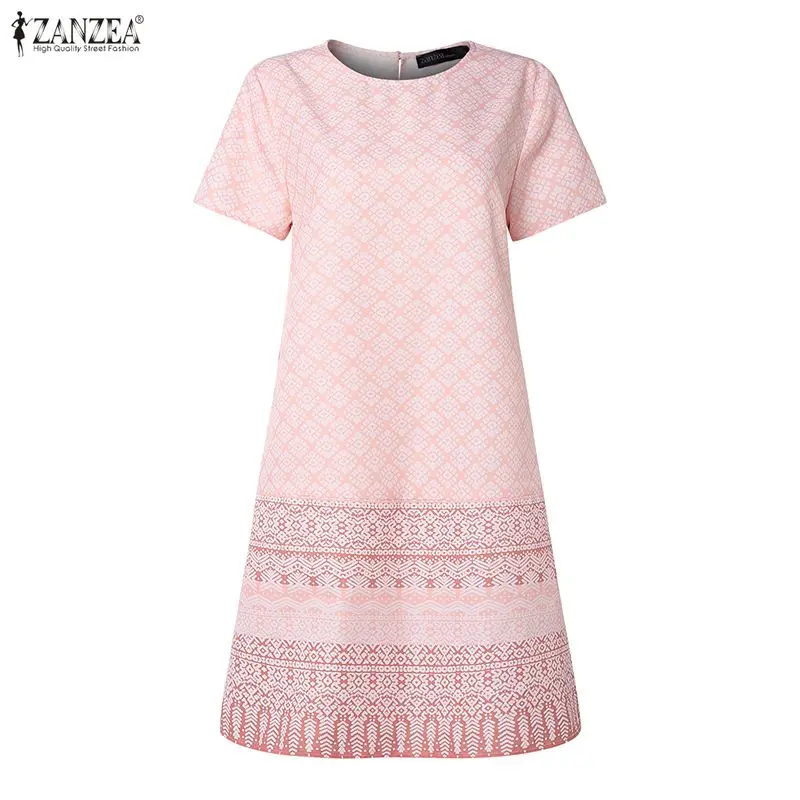 ZANZEA Casual Loose A-Line Summer Sundress Women Vintage Office Work Dresses Short Sleeve Elegant Print Sundress Oversized