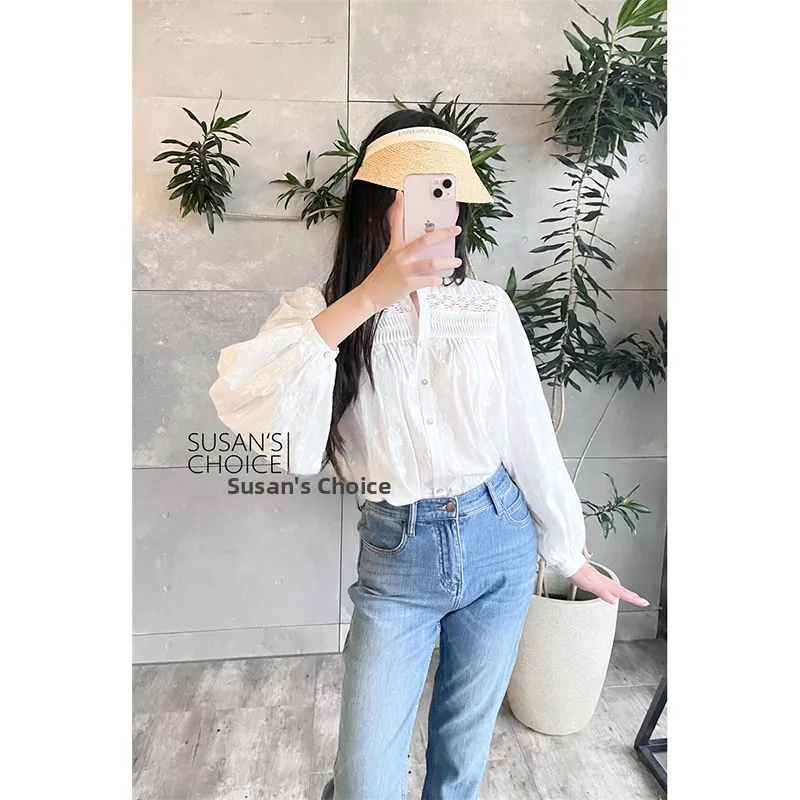 เสื้อทรงตรงผ้าฝ้ายสีขาวปักลายฉลุสำหรับผู้หญิง ยี่ห้อ Susan รุ่น Ne Bubble Sve สำหรับต้นฤดูใบไม้ร่วง