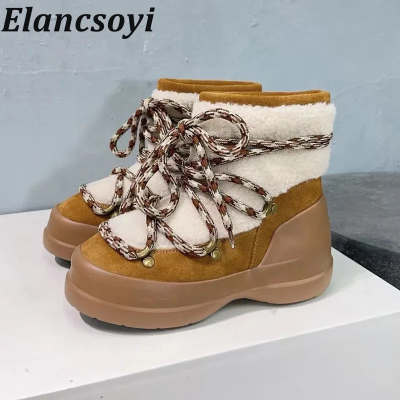 Winter Lace Up Rivet Design Snow Boots Women Flat Heel Thick Soled Wool Lined Short Boots Warm Real Wool Anti Slip Ankle Botas