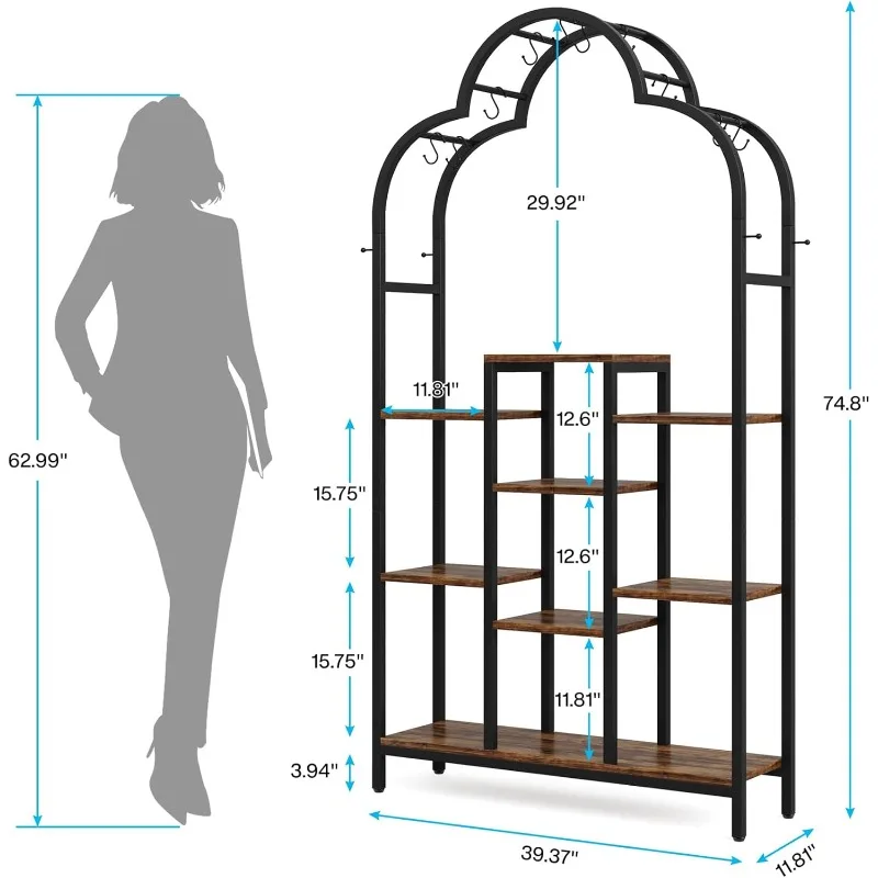 6-Tier Tall Indoor Plant Stand, 74.8'' Arched Metal Flower Shelf with Hanging Hooks, Large Bonsai Pots Display Rack for Garden