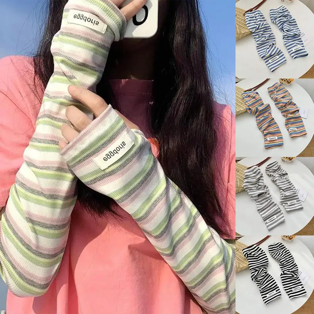 

Sunscreen Long Fingerless Gloves Thin Breathable Arm Sleeve Striped Ice Silk Sleeve UV Protection Oversleeve Soft Sleeve Cover