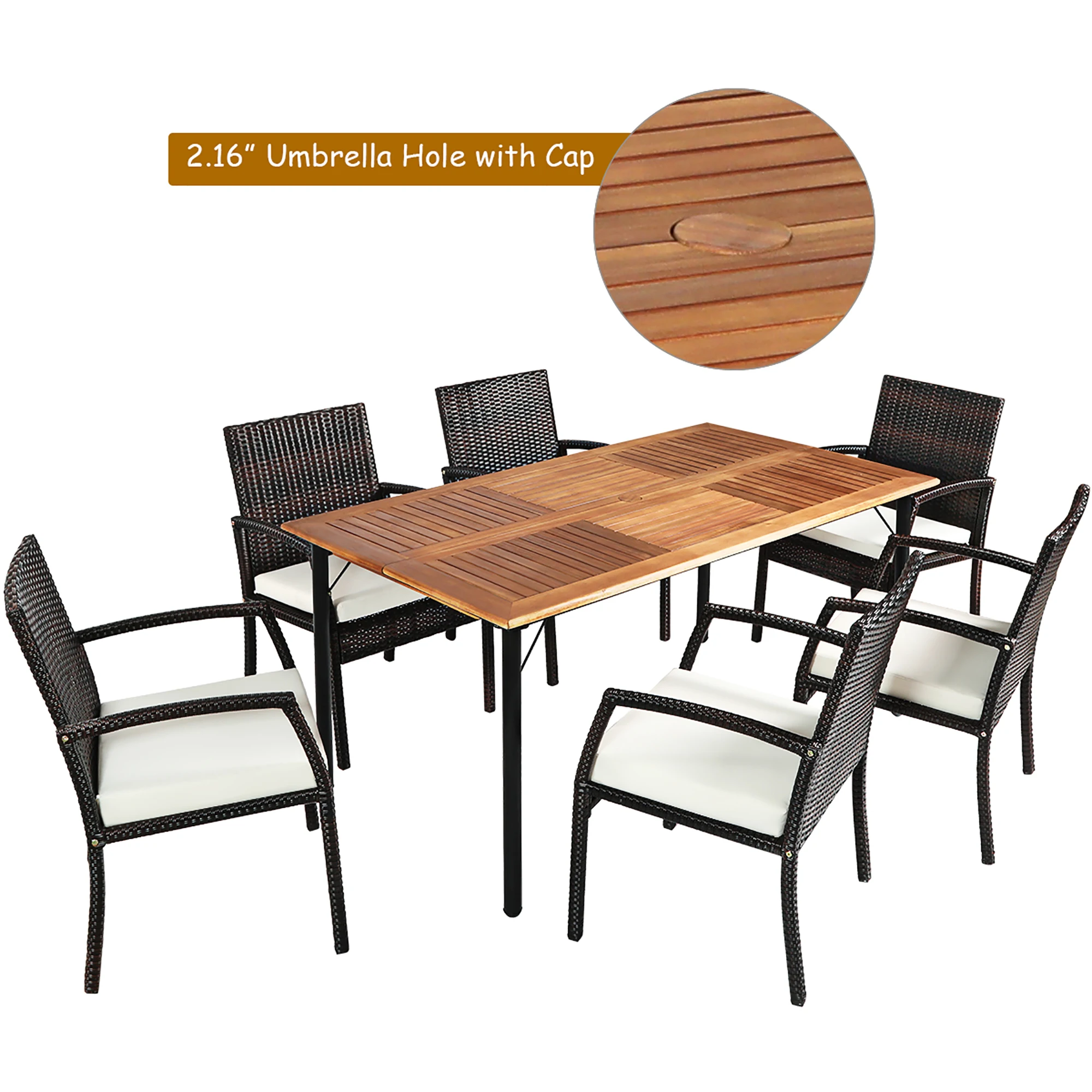 7PCS Patio Rattan Dining Set Chair Wooden Table Top W/Umbrella Hole