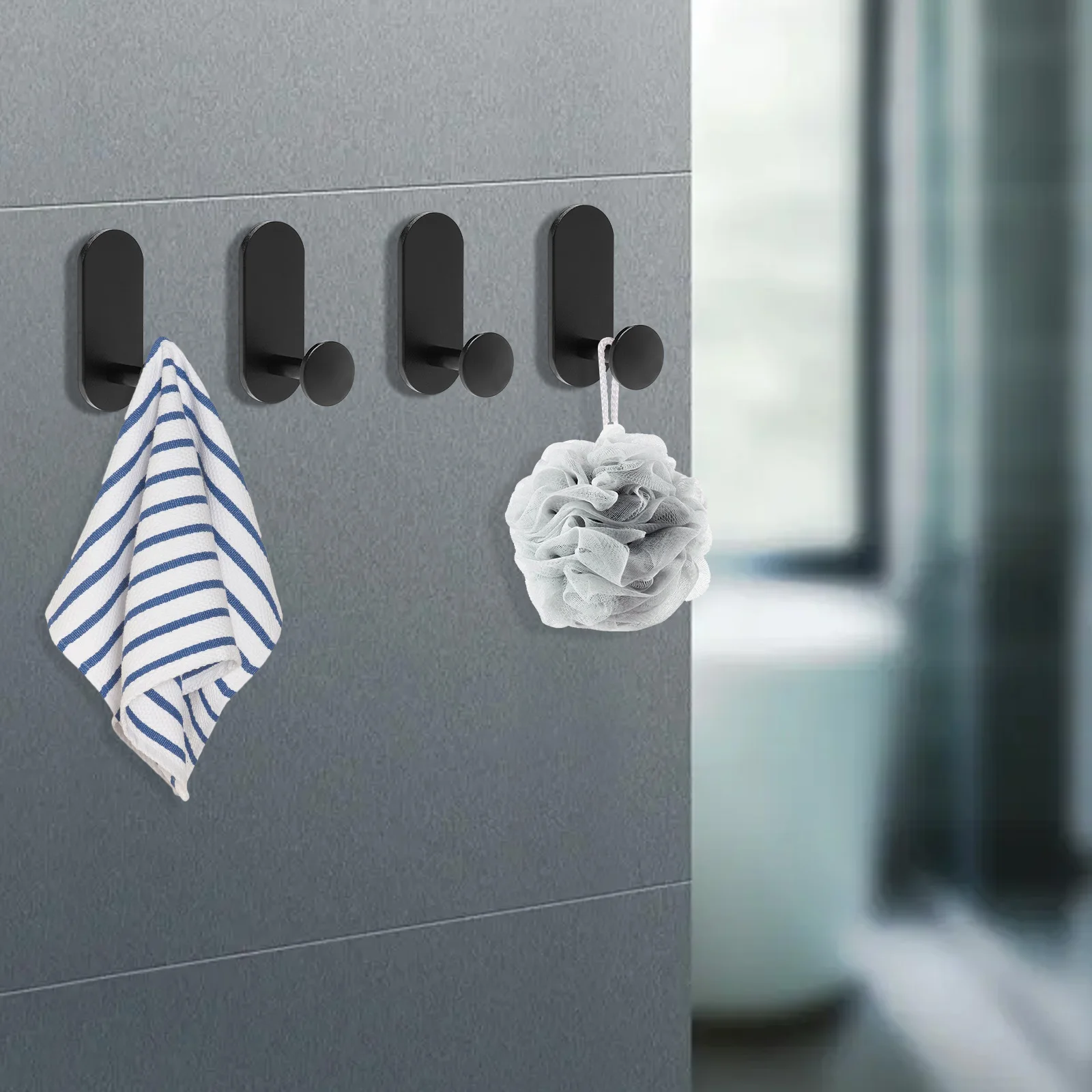 Black Adhesive Hooks 4Pcs Wall Hooks Waterproof Sticky Hooks for Hanging Towel Key Hat Towel Hook Wall Mounted Hook for Bathroom