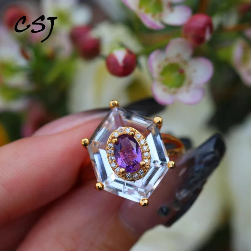 

CSJ Trendy Natural Amethyst Ring Sterling 925 Silver Garnet Peridot White Crystal for Women Birthday Wedding Party Jewelry Gift