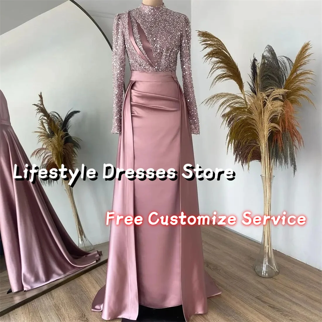 

Elegant Muslim Sequin Evening Dresses Women Long Sleeves Satin Wedding Prom Dress Formal Party Gowns فساتين حفلة موسيقية