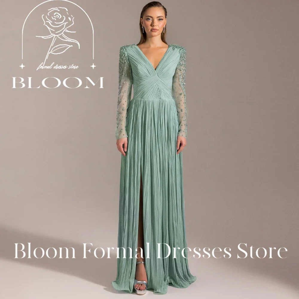 

Bloom Customized V Neck Long Sleeve Beaded Pleated Long Evening Dress Elegant Formal Gown Stylish Unique Glamorous Attractive