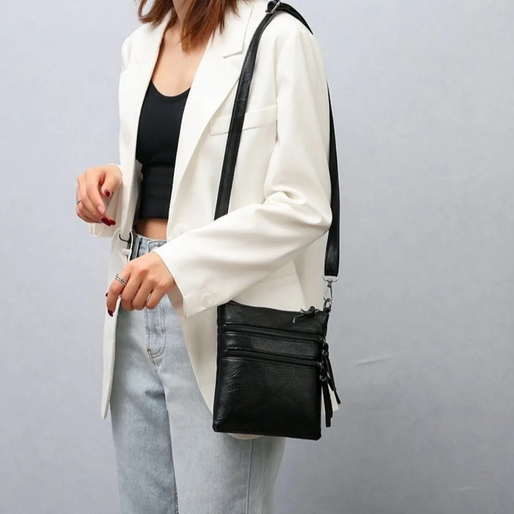 

Light Weight Zipper Mobile Phone Pouch Soft Leather PU Leather Single Shoulder Bag Casual 3 Layers Ladies Messenger Bag Daily