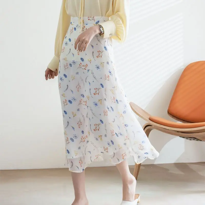 

2024 New Summer Minimalist Korean Floral Women's Elastic Waist Versatile Chiffon Loose A-line High Waist Slim Midi Flared Skirts