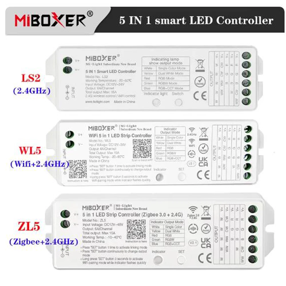 

Miboxer 5 in 1 LED Strip Controller Zigbee+2.4G ZL5 Wifi+2.4G WL5 2.4G LS2 Support RF Remote WiFi APP Alexa Google Voice Control