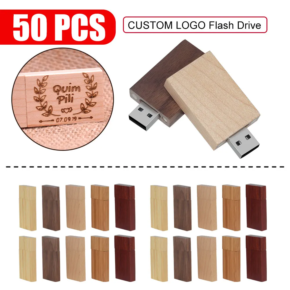 

50pcs/lot Customised Logo Wooden Pen Drive USB 2.0 Flash Drive 4GB 8GB 16GB 32GB 64GB Memory Stick for Photography Wedding Gift