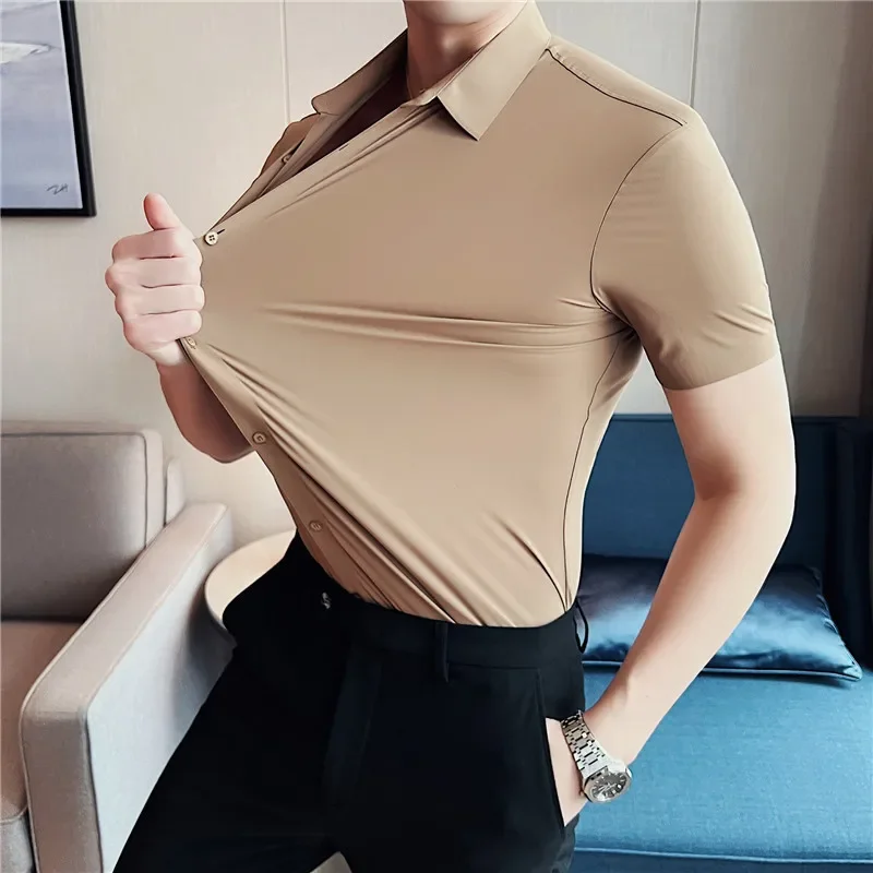 High elasticity Men Shirt Short sleeve 2024 Summer Anti-wrinkle Soft Thin Solid Casual Slim Fit Formal Dress Shirt Men Clothing