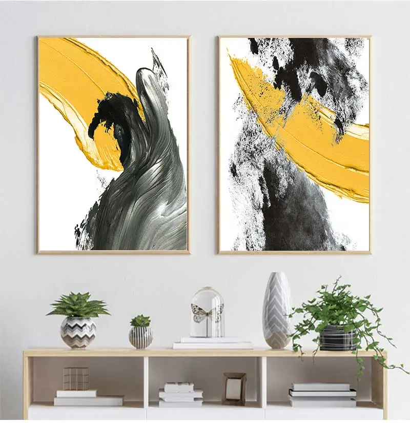 Abstract Yellow With Black Painting Printed On Canvas Nordic Wall Art Picture Prints And Poster For Room Coffee Decoration