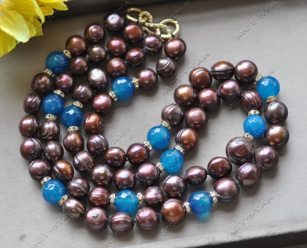 

MTC·STAR Z12950 2Row 20" Chocolate Round Pearl Blue Faceted Agate CZ Necklace