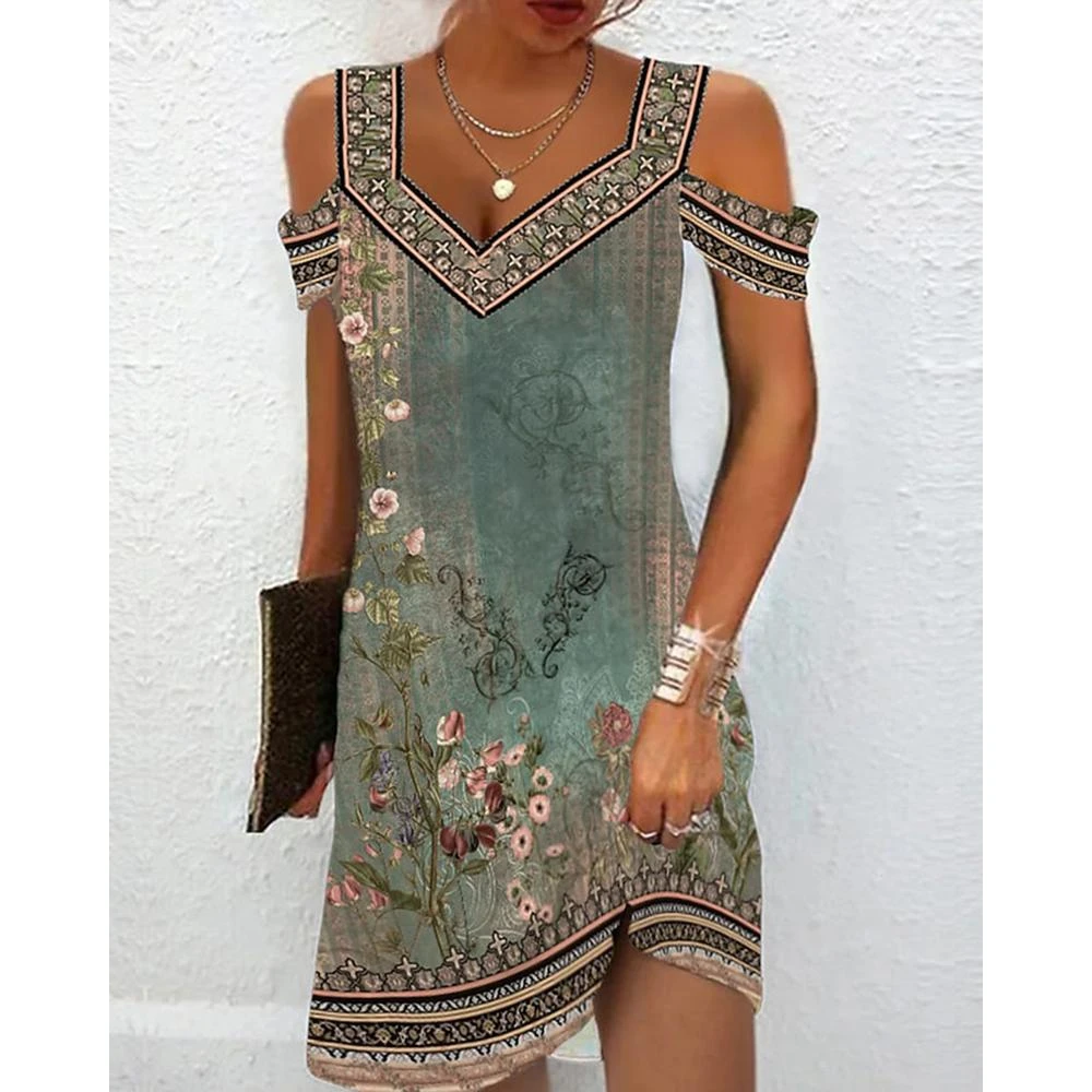 

Women Floral Tribal Print Cold Shoulder Dress 2023 Femme Vintage Ruched Mini Skinny Robe Lady traf Evening Clothing Vestidos