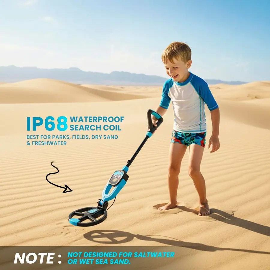 كاشف معادن خفيف الوزن للأطفال مع جذع قابل للتعديل، شاشة عرض عمق LED، ملف بحث مقاوم للماء، مجرفة، أشعل النار