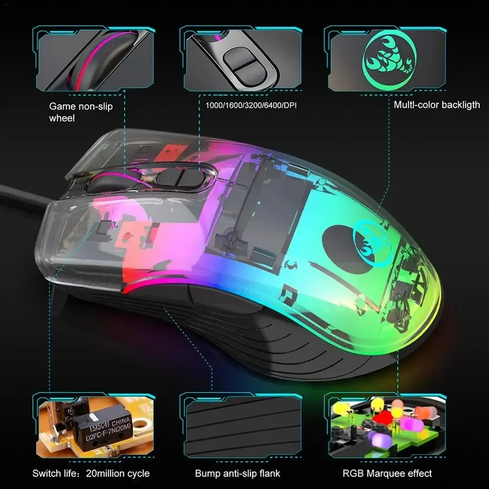 A867 RGB Gaming Mouse Wired Gamer 7 Button 6400DPI RGB Light Optical USB Computer Game Mice with Fire Button for PC Laptop Gamer