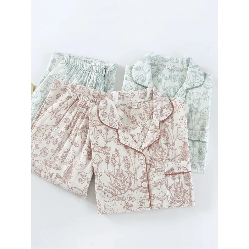 2pcs Women's Pajama Set Japanese Style Cotton Gauze Long Sleeve Pants Button Down Lightweight Breathable Soft Loungewear For Spr