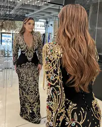 Dubai Luxury Black Heavy Beading Long Sleeves Evening Dresses Sexy Deep V Neck Arabic Pageant Dinner Party Gowns for Women