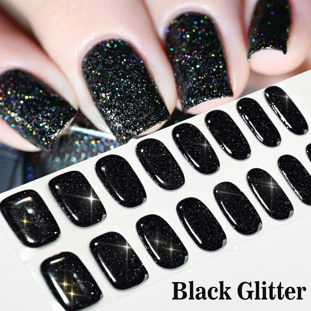 16Tips Glitter Semi-Cured Gel Nail Sticker Pure Color UV/LED Lamp Gel Nail Polish Wraps Long-Lasting Full Cover Gel Nail Patches