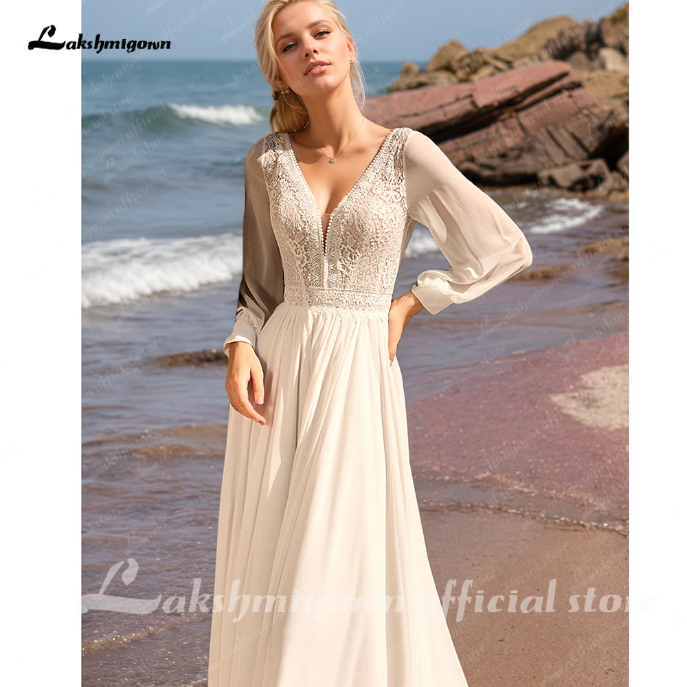 Lakshmigown A-Linien-Satin-Hochzeitskleider für die Braut, tiefer V-Ausschnitt, Perlenstickerei, rückenfrei, Schleppe, Brautkleider nach Maß – Detail 7
