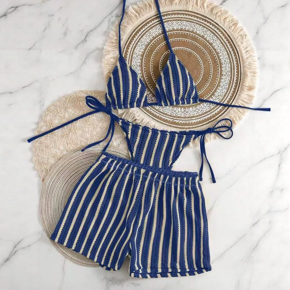 2026 New Striped Three-Piece Bikini Set Halter Tie Swimwear with Shorts Vintage Beach Bathing Suit for Women