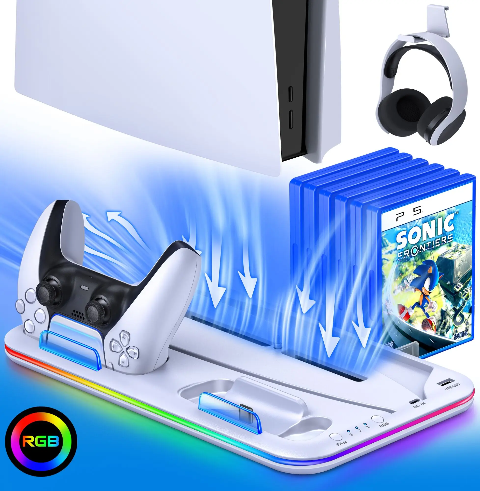 حامل شحن رقمي وقرص لأجهزة PS5 ، محطة تبريد مع وحدة تخزين CD للألعاب ، RGB LED ، محطة شحن سريعة للبلاي ستيشن 5