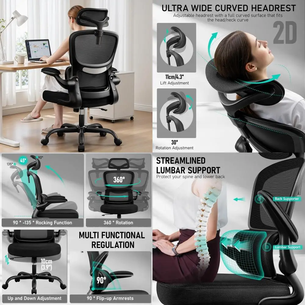 

Ergonomic High-Back Office Chair with Breathable Mesh, Lumbar Support, Adjustable Headrest, and Flip-Up Armrests