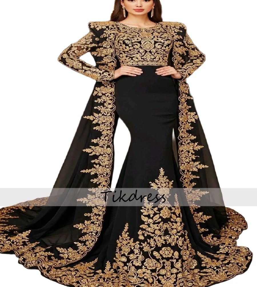 Robe de soirée Abaya du moyen-orient, Vintage, manches longues, noire avec dentelle dorée, robe de bal, sirène, dubaï, Caftan marocain, robes de soirée