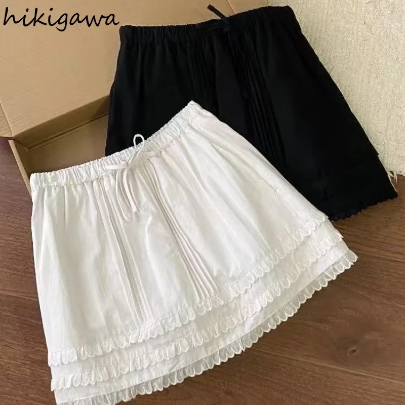 

White Skirts Women Clothing High Waist Bandage Jupe Chic Korean Summer Saia Patchwork Lace Mini Skirt 2025 Faldas Mujer De Moda