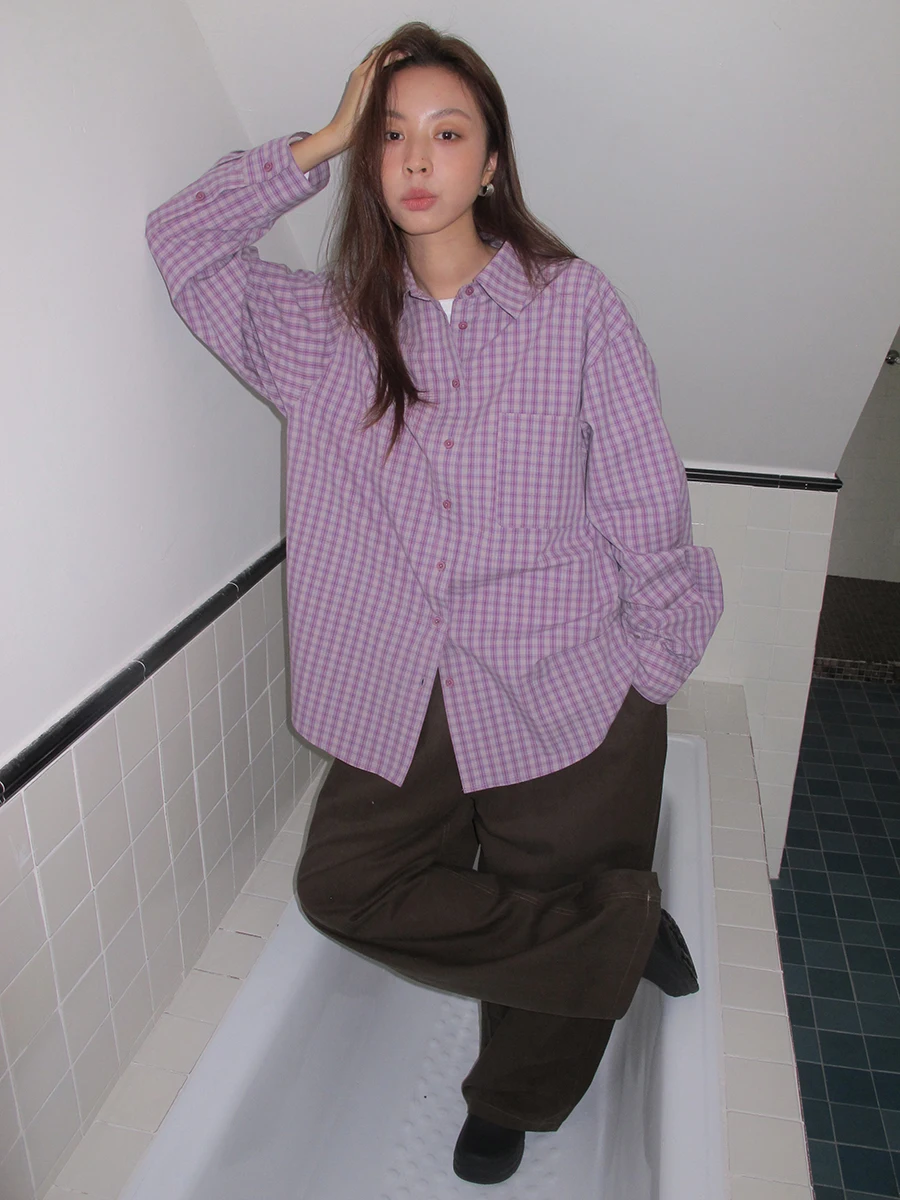 

Sixi Quartet Happin Purple id Long Sve irt Women's Inner Wear Layering Outerwear Commute Sle Loose Fit Breathable