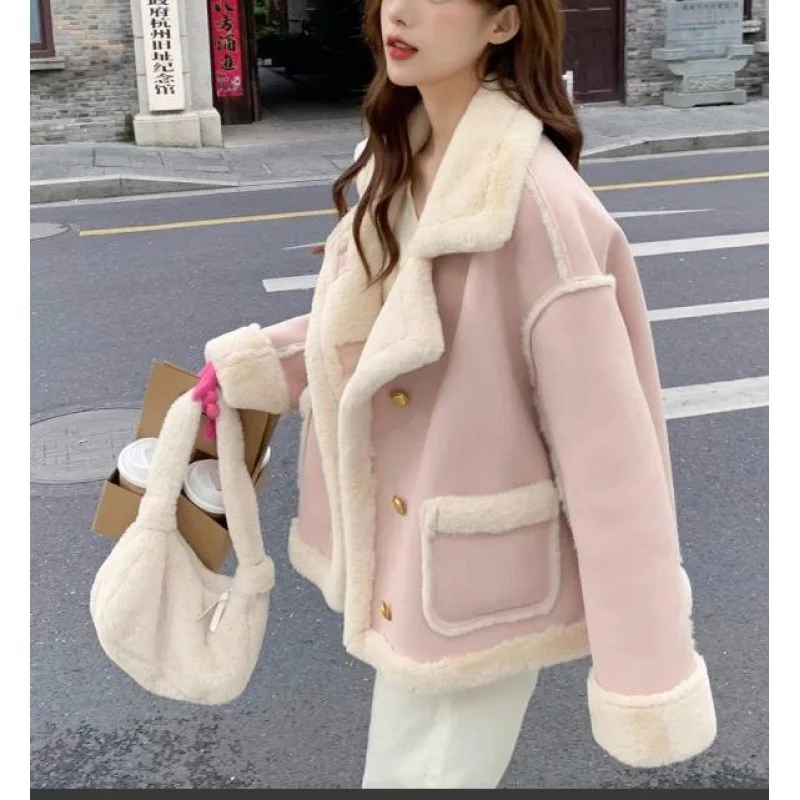 

Imitation Lamb Plush Jacket for Women, Imitation Leather and Fur Integrated, Short Cotton Jacket, Winter, 2023