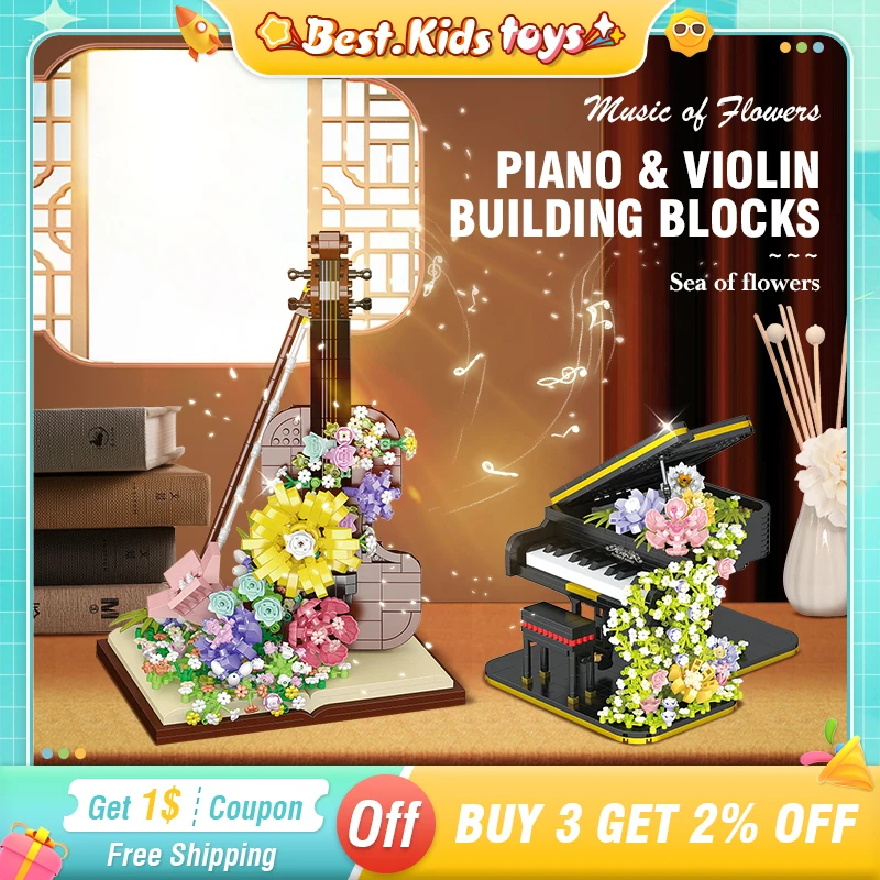 

Mini Piano Violin Building Blocks Set Musical Instrument Rose Flower Waterfall DIY Model Bricks Kid Education Toys Birthday Gift