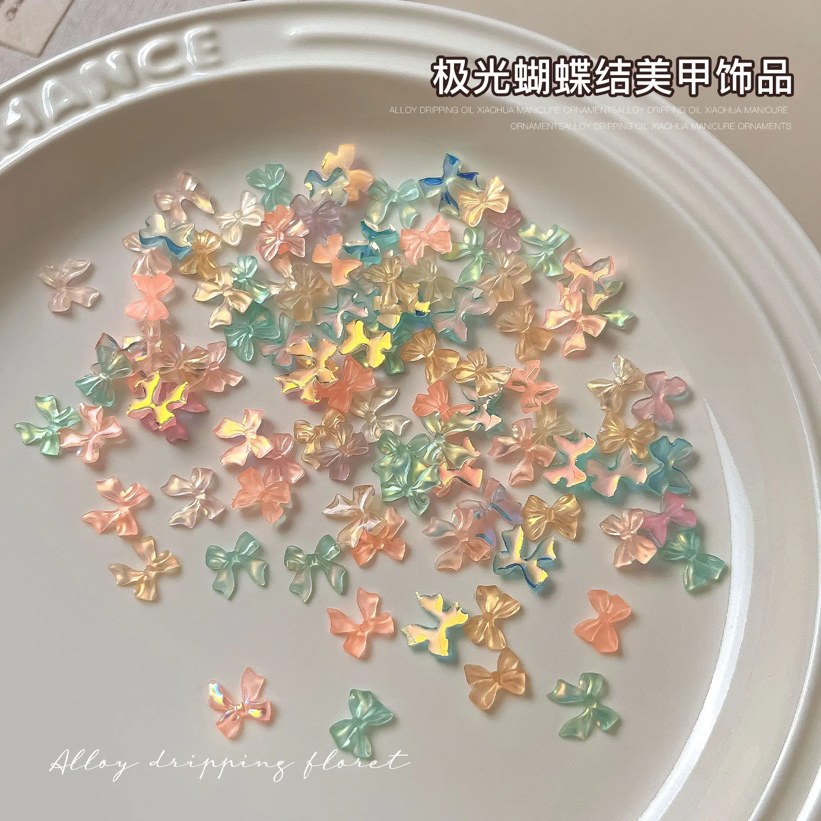 50PCS Aurora Bow Nail Charms 3D Cute Resin Bow Nail Art Decoration Macaron Crystal Ribbon Parts DIY Manicure Accessories