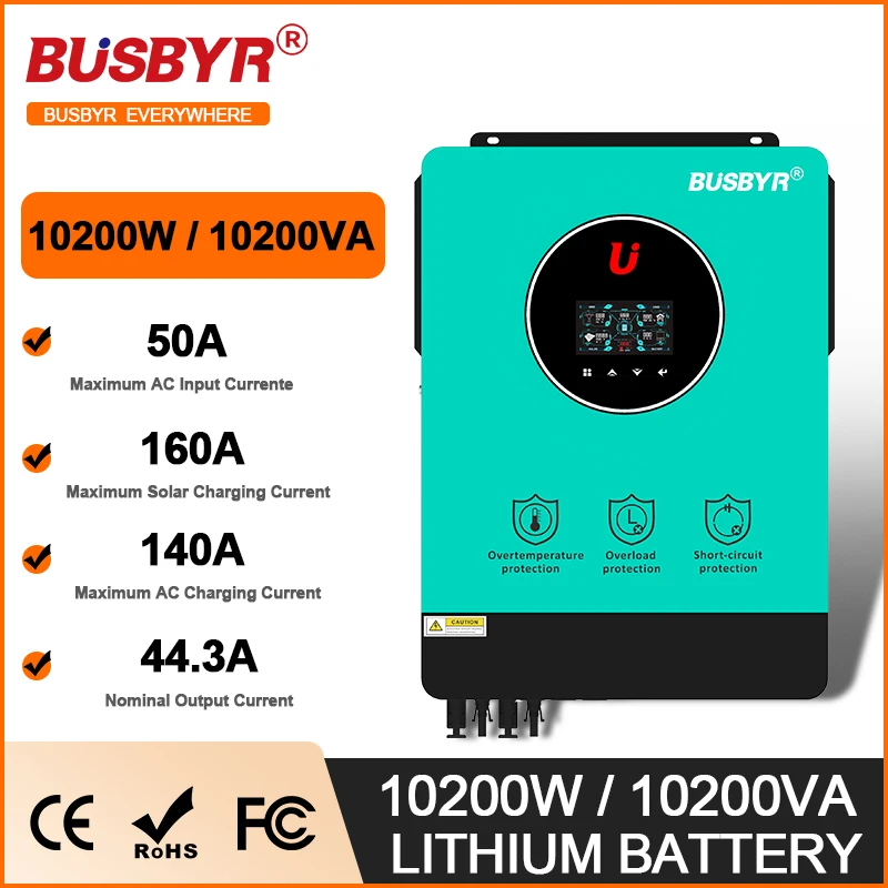 

Busbyr 48V 230V 10200W Hybrid Solar Inverter On Grid Off Grid 10.2KW Pure Sine Wave Inverter MPPT 160A Solar Support WIFI BMS