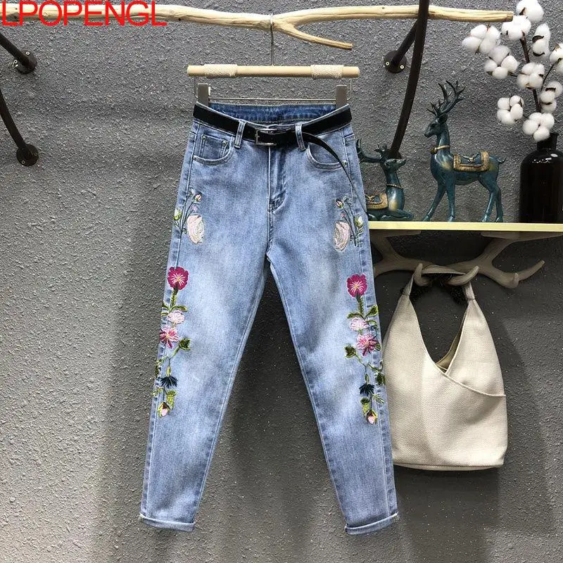 Jeans Women's 2023 New Vintage Flower Embroidery Ankle-length Pants Denim Jeans Casual Harem Pants