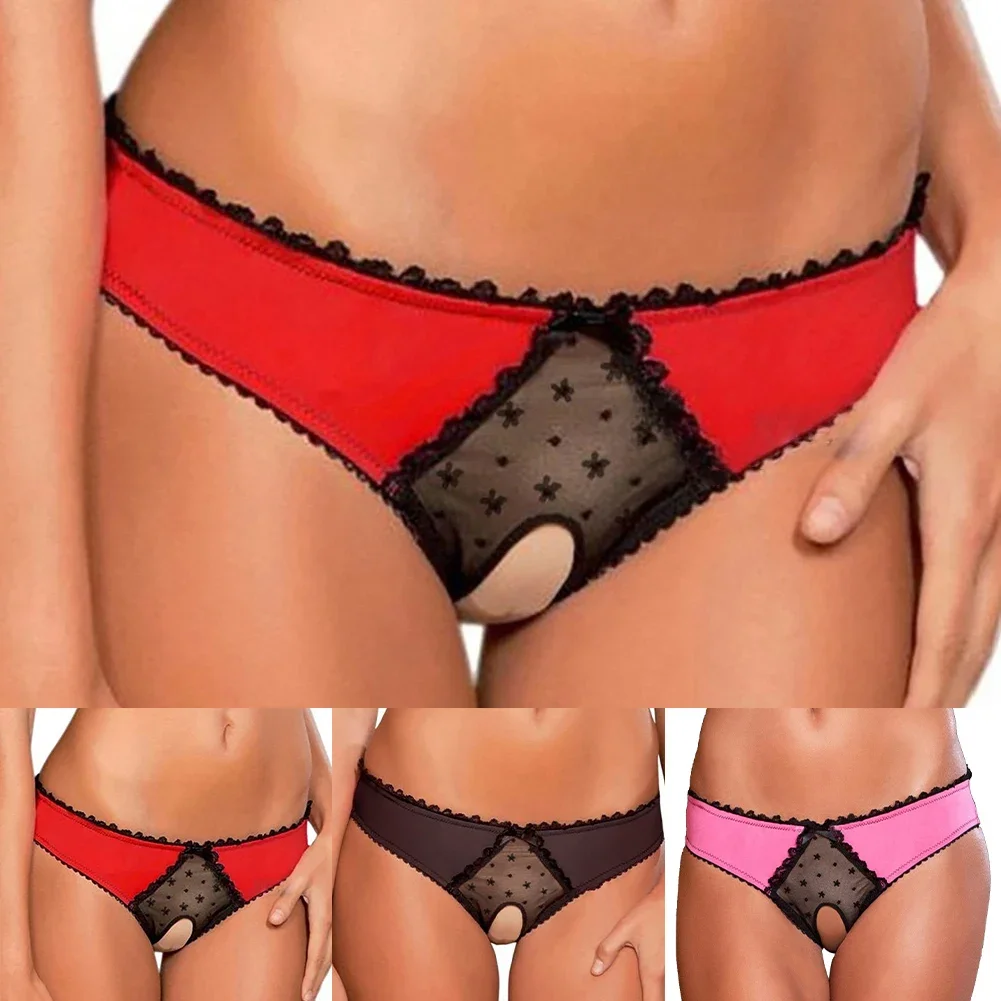 Womens Low Waist See Through Briefs Lace Open Crotch Underwear Female Bowknot Hollow Panties Crotchless Exotic Underpants