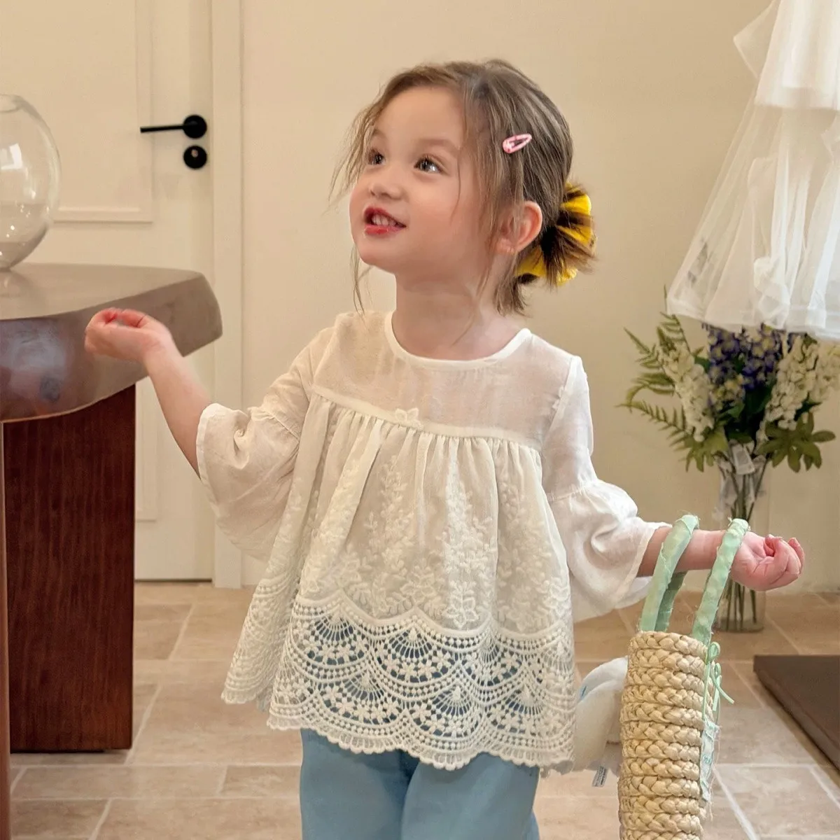 

Baby Girls Summer Clothing Set New Kids Pure Cotton Jacquard Lace Top Jeans 2-Piece Children's Outfit