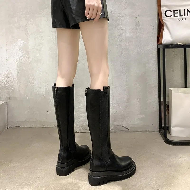 Fashion Woman\'s Platform Zipper Spring Autumn PU Leather Non-slip Knee High Luxury Designer Casual Women Chunky Long Black Boots